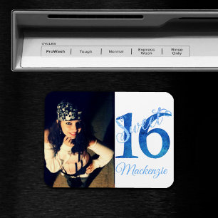 Magnet Flexible 16 ans   Glitzy Blue Glam Typographie et photo