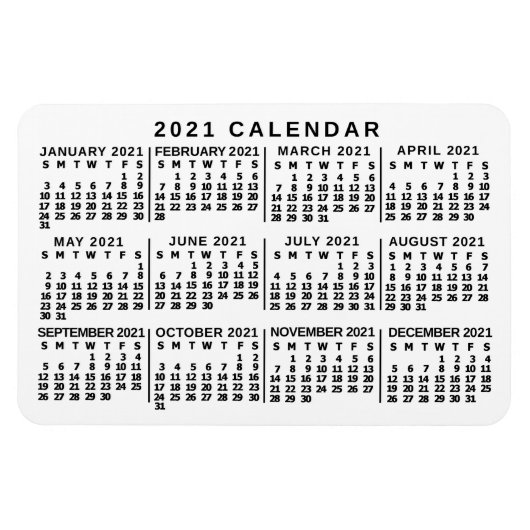 Magnet Flexible 2021 Year Monthly Calendar Classic White and Black (Horizontal)