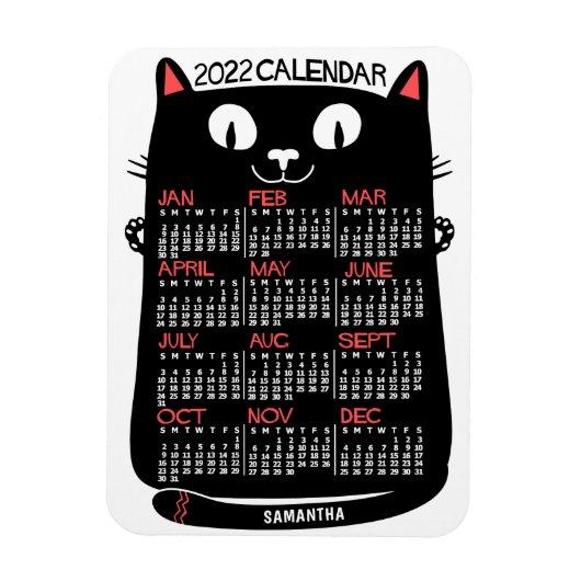Magnet Flexible 2022 Année Calendrier mensuel Chat noir du milieu (Vertical)