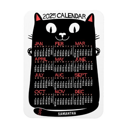 Magnet Flexible 2025 Année Calendrier mensuel Chat noir du milieu  (Vertical)