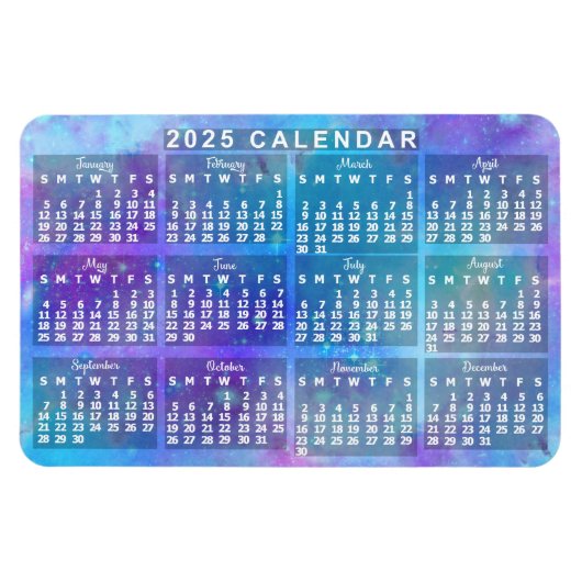 Magnet Flexible 2025 Année Calendrier mensuel Etoiles d'aquarelle (Horizontal)