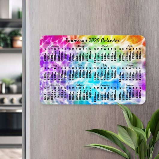 Magnet Flexible 2025 Année Calendrier mensuel Tiedye Hippie Arc-en