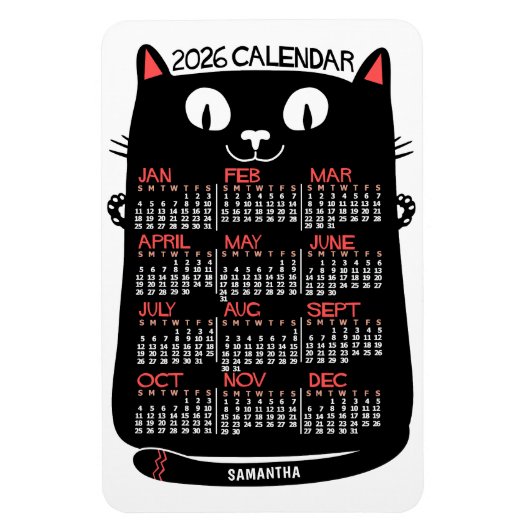 Magnet Flexible 2026 Year Monthly Calendar Mid-Century Black Cat (Vertical)