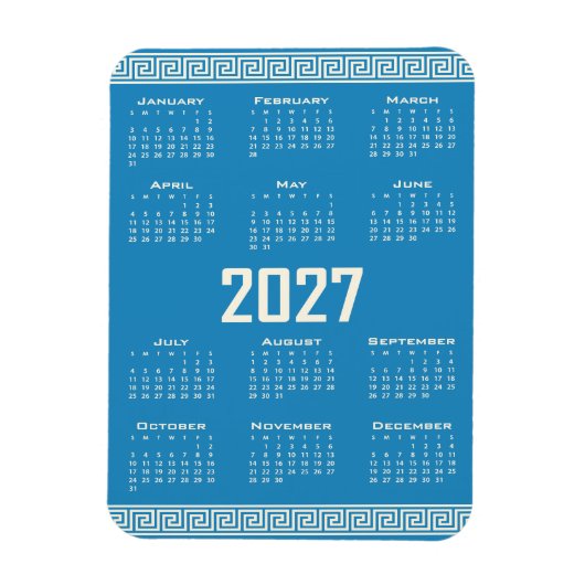Magnet Flexible 2027 Calendar, Greek Fret, Cosmic Latte on Blue (Vertical)