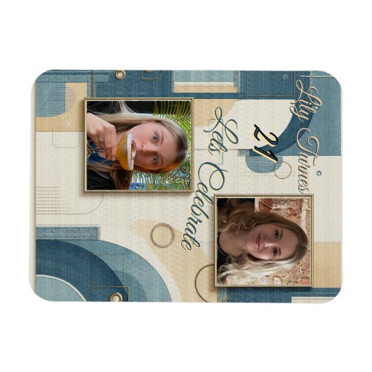 Magnet Flexible 21e Anniversaire crème bleu fleur amande (Horizontal)