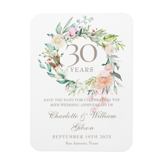 Magnet Flexible 30th Wedding Anniversary Save the Date Floral (Vertical)
