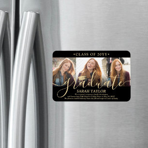 Magnet Flexible 3 Photo Collage Black Gold Graduation Faire-part