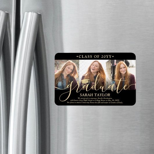 Magnet Flexible 3 Photo Collage Black Gold Graduation Faire-part