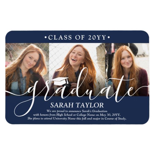 Magnet Flexible 3 Photo Collage Marine Blue Graduation Faire-part (Horizontal)