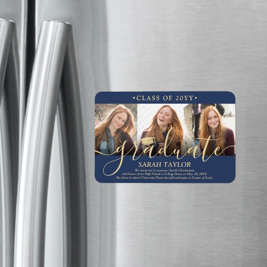 Magnet Flexible 3 Photo Marine Faire-part de graduation bleu et or