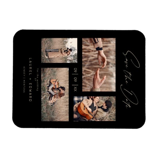 Magnet Flexible 4 Photos Modern Collage Wedding Wimshical Script (Horizontal)