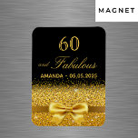 Magnet Flexible 60th birthday black gold elegant save the date<br><div class="desc">Elegant, classic, glamorous and feminine style. A gold colored ribbon and bow with golden glitter and sparkle, a bit of bling and luxury for a birthday. Black background. With the text: 60 and fabulous! Template for a name and a date. Perfect for a Save the Date reminder or as a...</div>