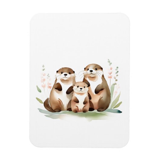 Magnet Flexible Adorable Famille De Otter Avec Fleurs (Vertical)