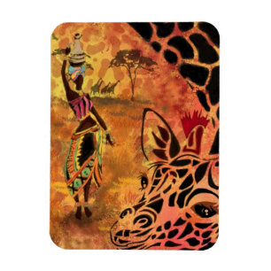 Magnet Flexible African Girl and Giraffe - Friends - Art Drawing -