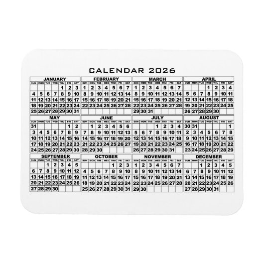 Magnet Flexible Aimant 2026 Calendrier Blanc (Horizontal)