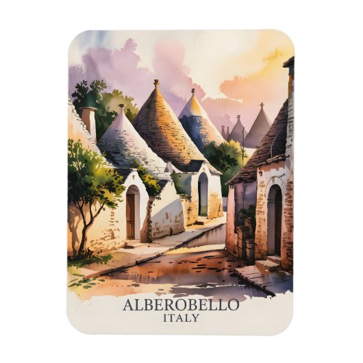 Magnet Flexible Alberobello Italy lTrulli Village Watercolor Retro (Vertical)