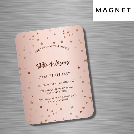 Magnet Flexible Anniversaire or rose étoiles simple invitation de 