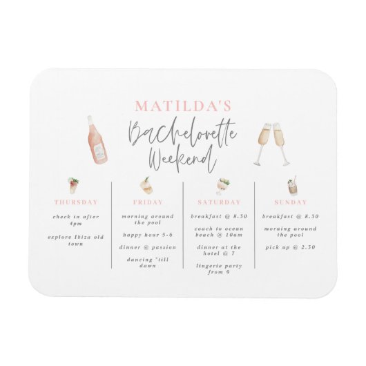 Magnet Flexible Aquarelle boissons bachelorette week-end itinérair (Horizontal)