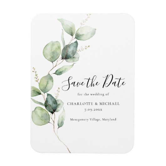 Magnet Flexible Aquarelle Eucalyptus Feuilles Enregistrer la date (Vertical)