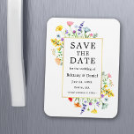 Magnet Flexible Aquarelle Fleur sauvage Gold Frame Enregistrer la<br><div class="desc">Aquarelle moderne Fleur sauvage Mariage Mariage Faire-part Save The Date Magnet comprend délicatement jaune,  rose,  pêche,  bleu poussiéreux,  vert sauge,  violet,  rouge et orange fleurs sauvages,  pavots,  eucalyptus feuilles et d'autres belles plantes botaniques sur un cadre doré.</div>