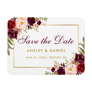 Magnet Flexible Aquarelle Floral Bourgogne Or Enregistrer La Date