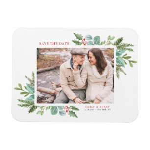 Magnet Flexible Aquarelle Foliage de Noël Photo Enregistrer la dat