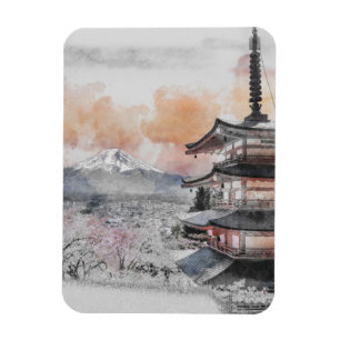 Magnet Flexible Aquarelle Pagode japonaise & Mt. Fuji