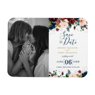 Magnet Flexible Aquarelle rose, bordeaux et fleurs bleu marine