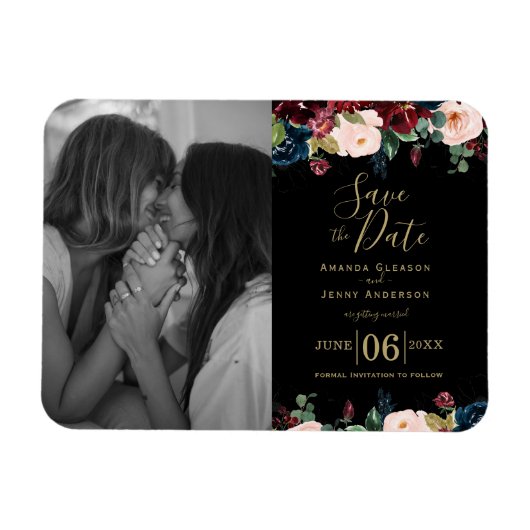 Magnet Flexible Aquarelle rose, bordeaux et fleurs bleu marine M (Horizontal)