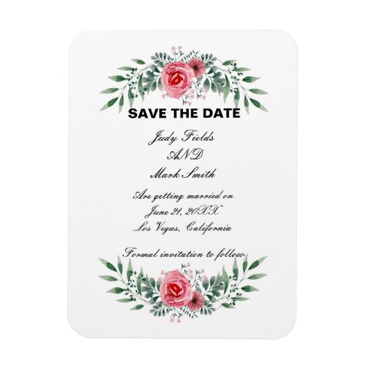 Magnet Flexible Aquarelle Rose Vert Feuillage Enregistrer LaDate (Vertical)