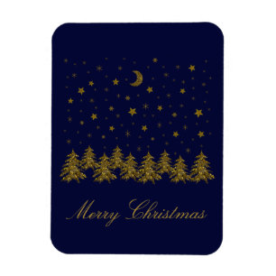Magnet Flexible Arbre de Noël en or brillant, lune, étoiles sur bl