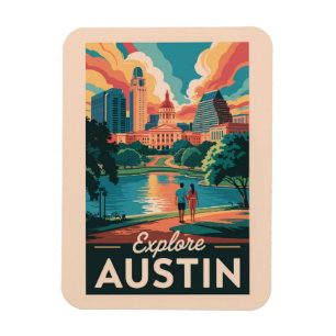 Magnet Flexible Austin Texas Skyline Voyage Art Rétro