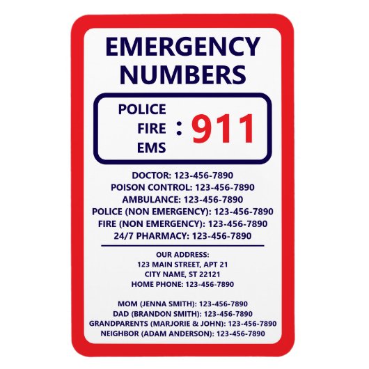 Magnet Flexible Babysitter Emergency Numbers List Contact Info (Vertical)