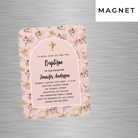 Magnet Flexible Baptême Pampas fleurs rose or rose invitation