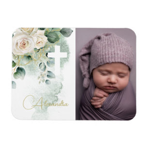 Magnet Flexible Baptême Religieux Christening Photo Croix Rose