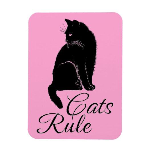 Magnet Flexible Beau chat assis noir avec "Règle des chats" Texte (Vertical)