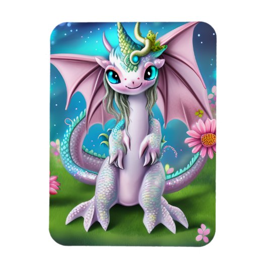 Magnet Flexible Bébé mignon et souriant Dragon aux fleurs (Vertical)