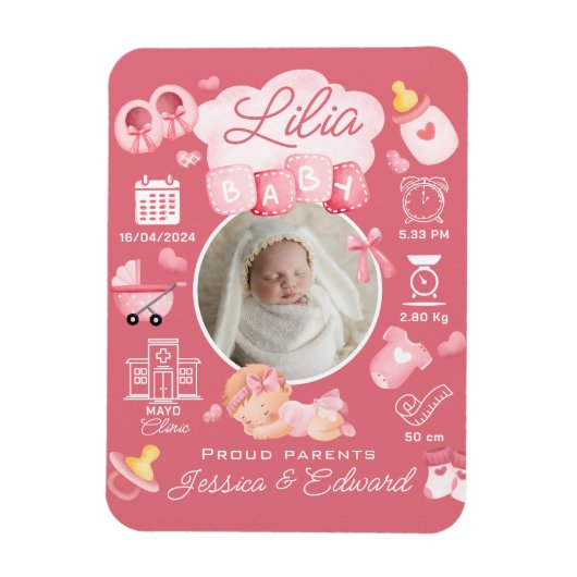 Magnet Flexible Bébé mignon Fille Naissance Statistiques Rose Nouv (Vertical)