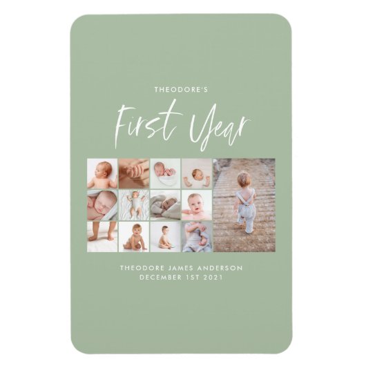 Magnet Flexible Bébés first year photo collage script green (Vertical)