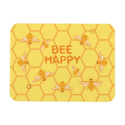 Magnet Flexible Bee Happy miel abeilles sur nid d'abeille jaune (Horizontal)