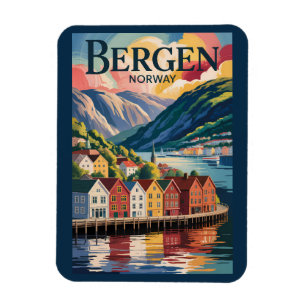 Magnet Flexible Bergen Norvège Illustration Art de Voyage Vintage