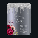 Magnet Flexible Birthday silver glitter drip Save the Date<br><div class="desc">A Save the Date magnet for a 50th or any age birthday party. A dark faux silver metallic looking background. Decorated with dark purple and burgundy and rose pink flowers, faux silver glitter dripping, paint drip look. Templates for a name, age and a date. The text: Save the Date is...</div>