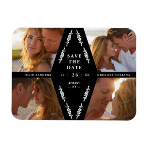 Magnet Flexible Black Botanical Modern Collage 4 Photos Wedding