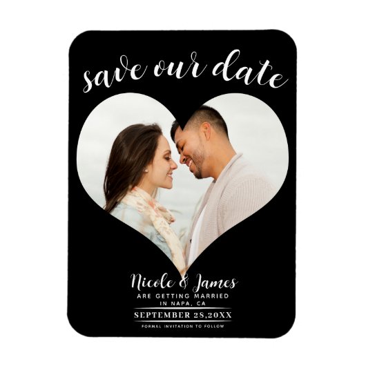 Magnet Flexible Black Heart Photo Wedding Enregistrer la date (Vertical)