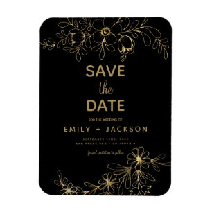 Magnet Flexible Black Modern Enregistrer la date Floral Gold Foil