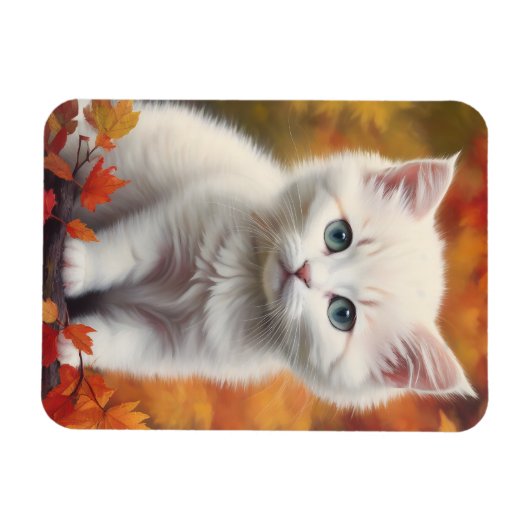 Magnet Flexible Blanc Kitten Automne Feuilles Portrait (Horizontal)