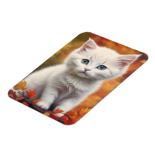 Magnet Flexible Blanc Kitten Automne Feuilles Portrait (Côté Gauche)
