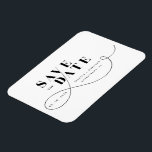 Magnet Flexible Blanc Noir Minimaliste Enregistrer La Date<br><div class="desc">Tendance,  moderne et élégant,  ce design simpliste noir et blanc avec son mince défilement fait le faire-part parfait pour Enregistrer la Date pour votre prochain mariage. Customisez facilement avec des détails importants de choix.</div>