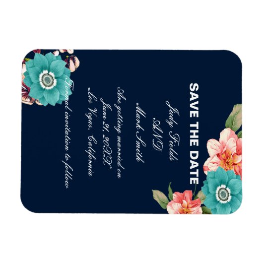 Magnet Flexible Bleu Et Rose Floral Botanique Enregistrer La Date (Horizontal)
