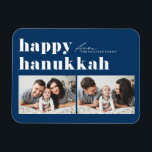 Magnet Flexible Bleu Retro Typographie Happy Hanoukka Deux photos<br><div class="desc">Heureux Hanoukka ! Fêtez le joyeux Festival des lumières avec notre photo personnalisable Hanoukka magnet! Cet aimant festif vous permet de mettre en valeur vos souvenirs préférés tout en ajoutant une touche personnelle à votre décor de vacances. Il présente une typographie rétro et audacieuse. Personnalisez en ajoutant vos détails. Un...</div>
